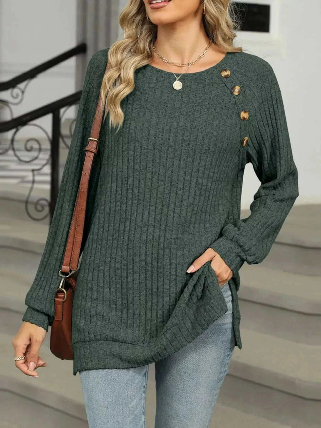 Round Neck Side Slit Ribbed Knit Top with Asymmetric Button Detail - GlowUp Garments