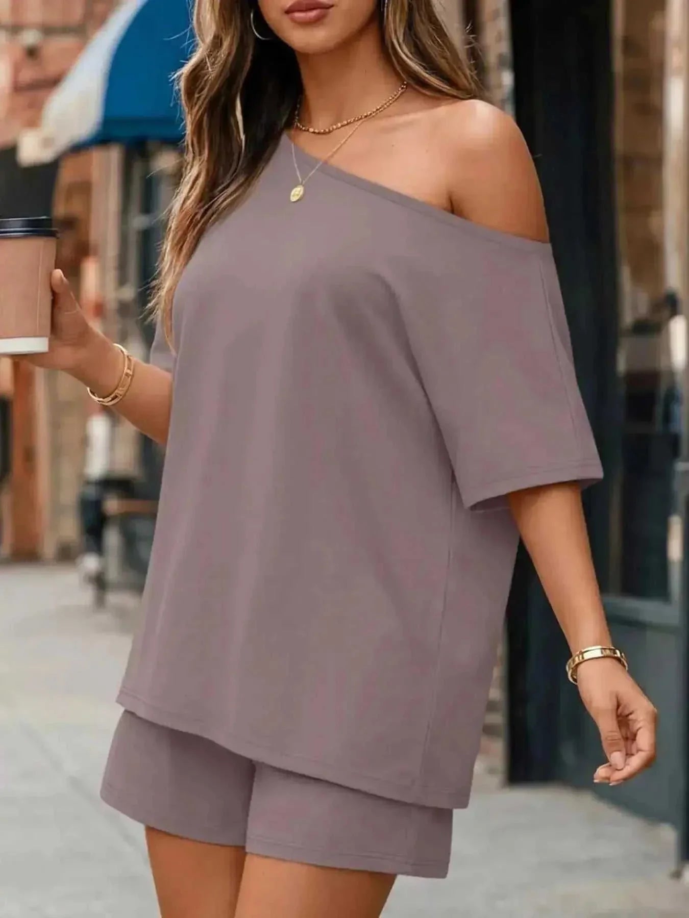 Full Size One Shoulder Top and Shorts Set Plus Size - GlowUp Garments