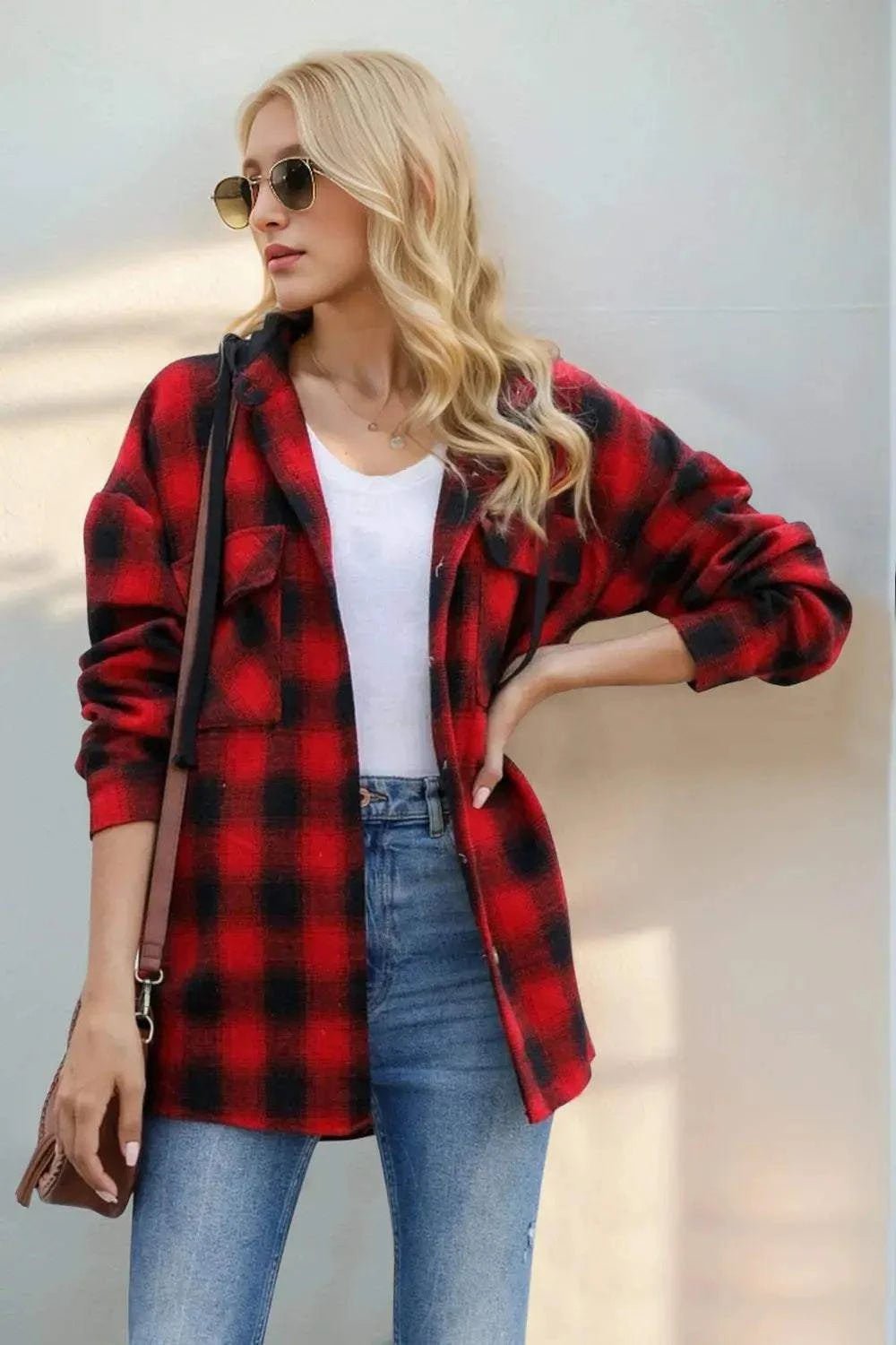 Drawstring Plaid Long Sleeve Hooded Shacket - GlowUp Garments