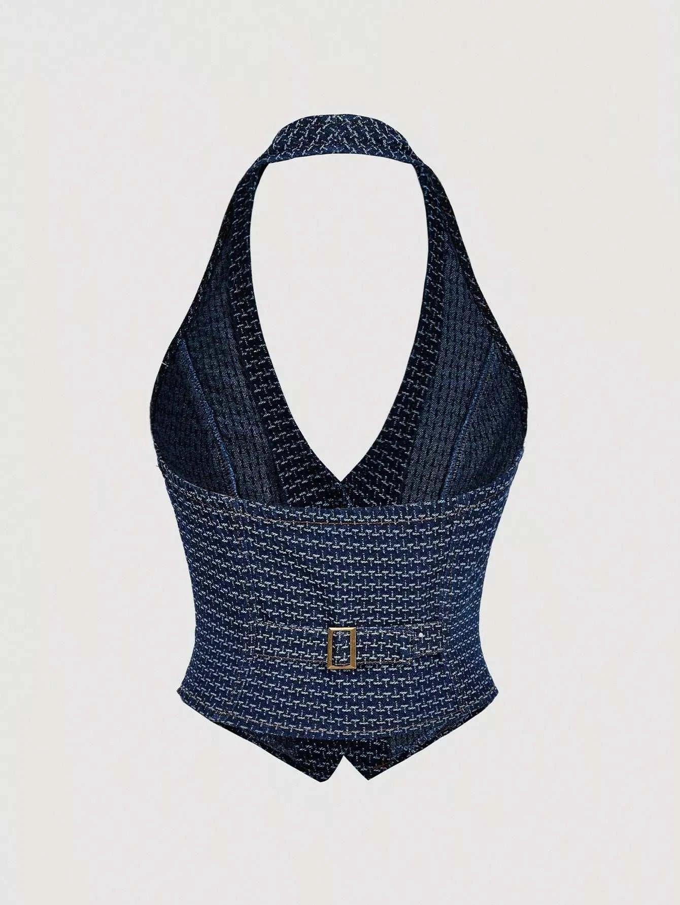 Halter Neck Denim Vest and Wide-Leg Jeans Set - GlowUp Garments