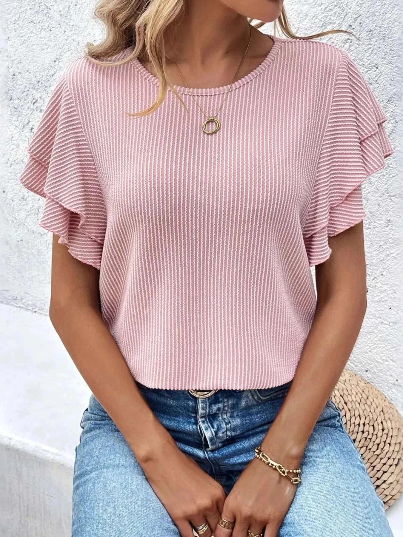 Ribbed Flutter Sleeve T-Shirt - GlowUp Garments
