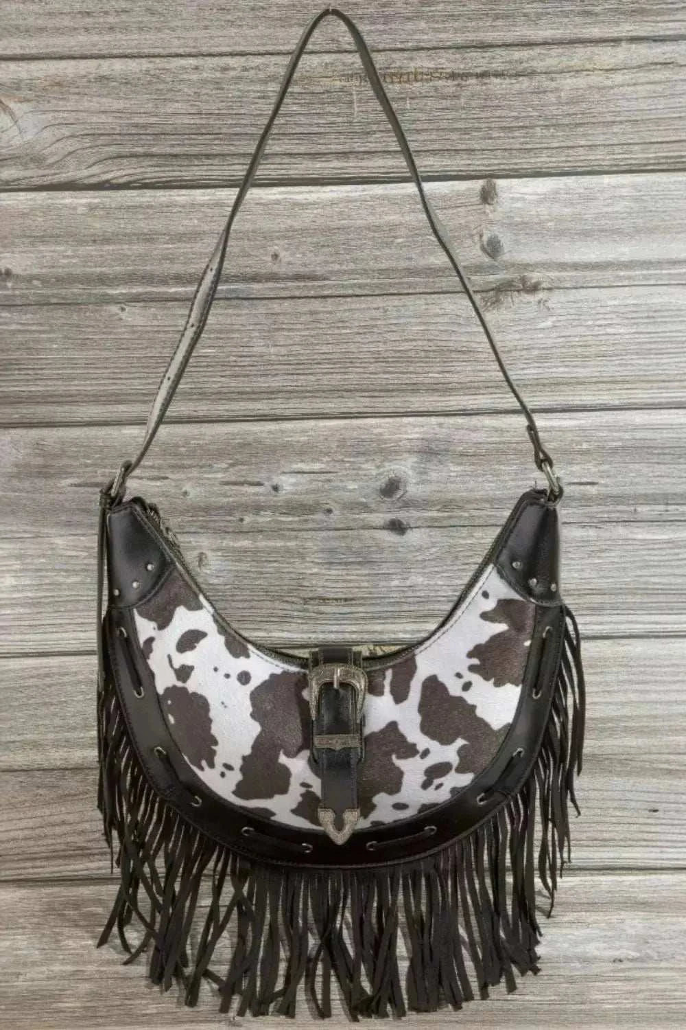 Cow Print Faux Leather Fringe Hobo Bag - GlowUp Garments