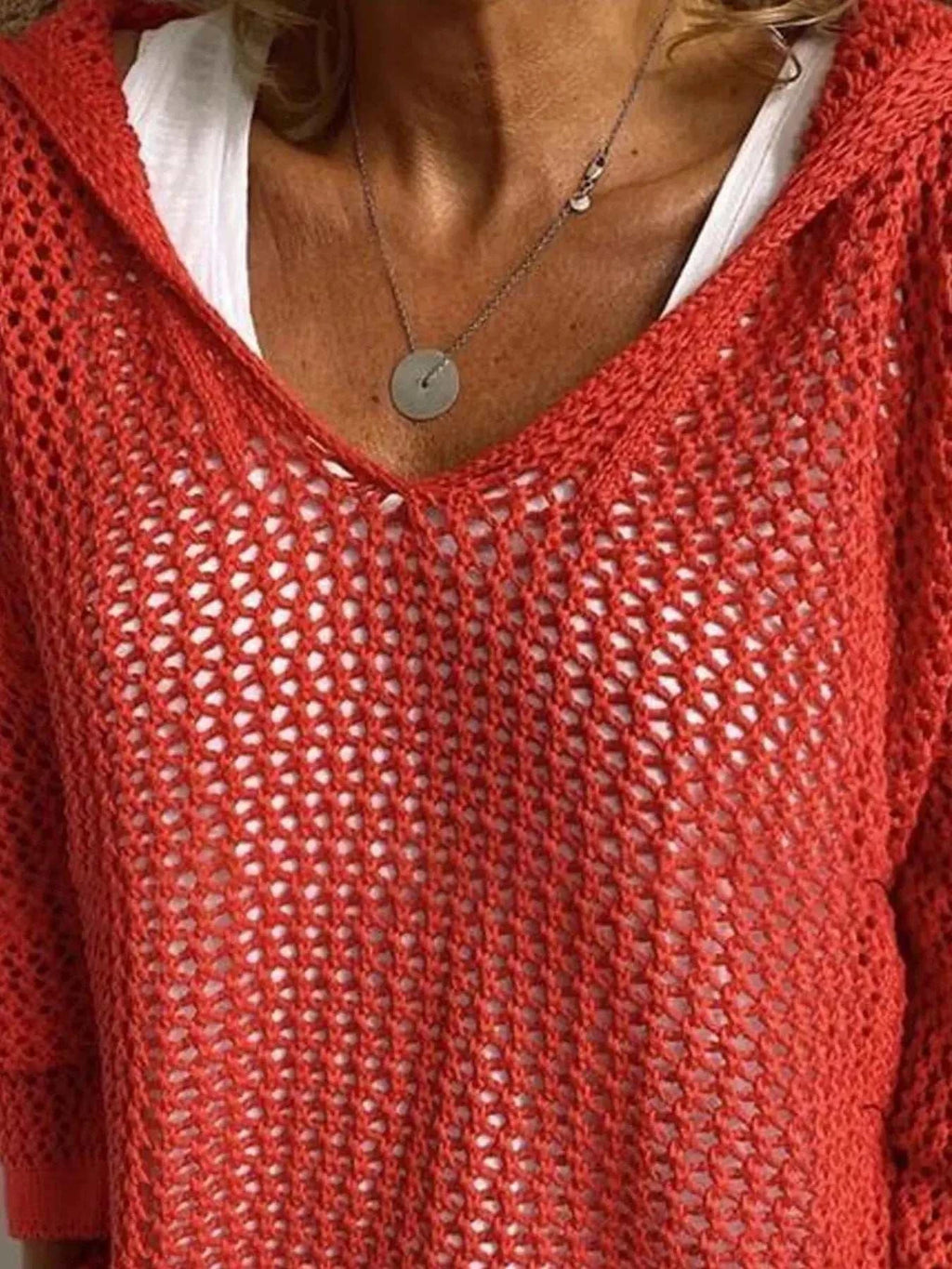 Openwork Long Sleeve Hooded Knit Cover Up - GlowUp Garments