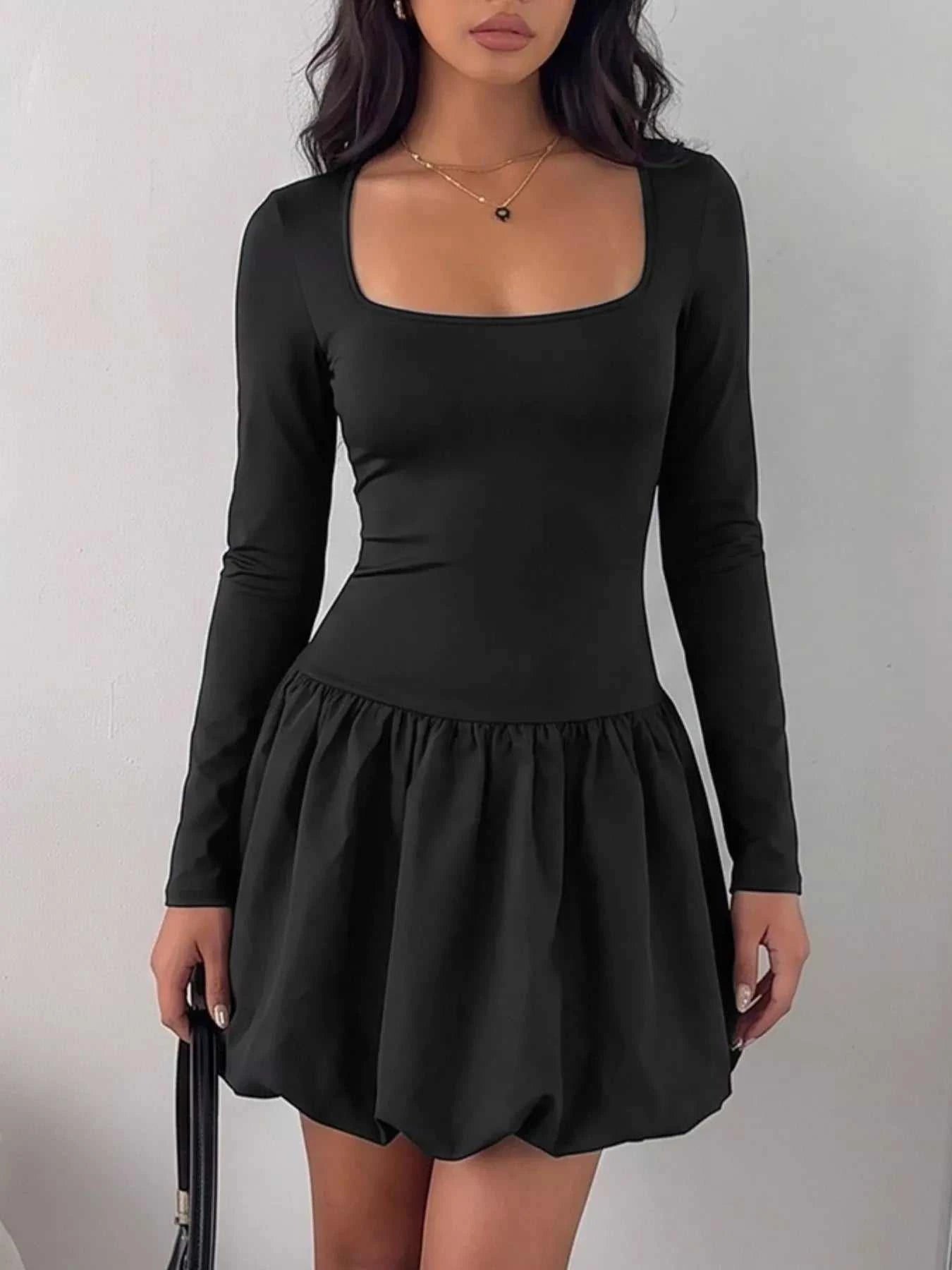 Square Neck Long Sleeve Bubble Hem Dress - GlowUp Garments