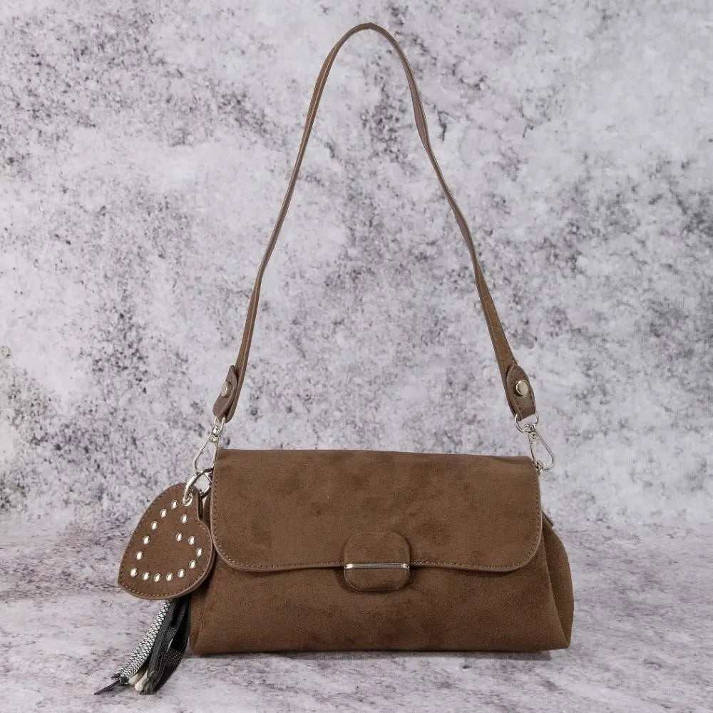Heart And Tassel Accent Suede Shoulder Bag - GlowUp Garments