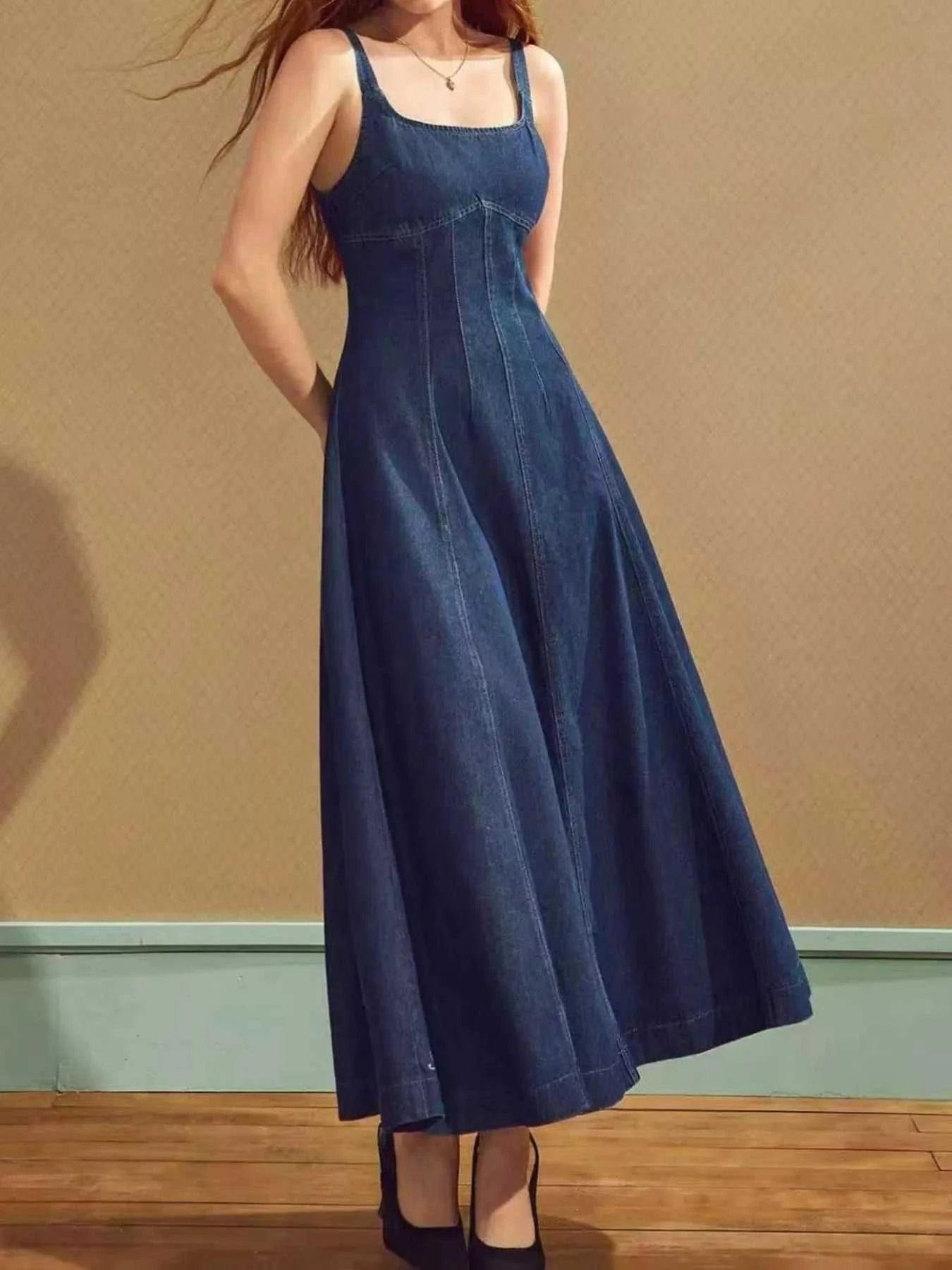Square Neck A-Line Denim Dress - GlowUp Garments