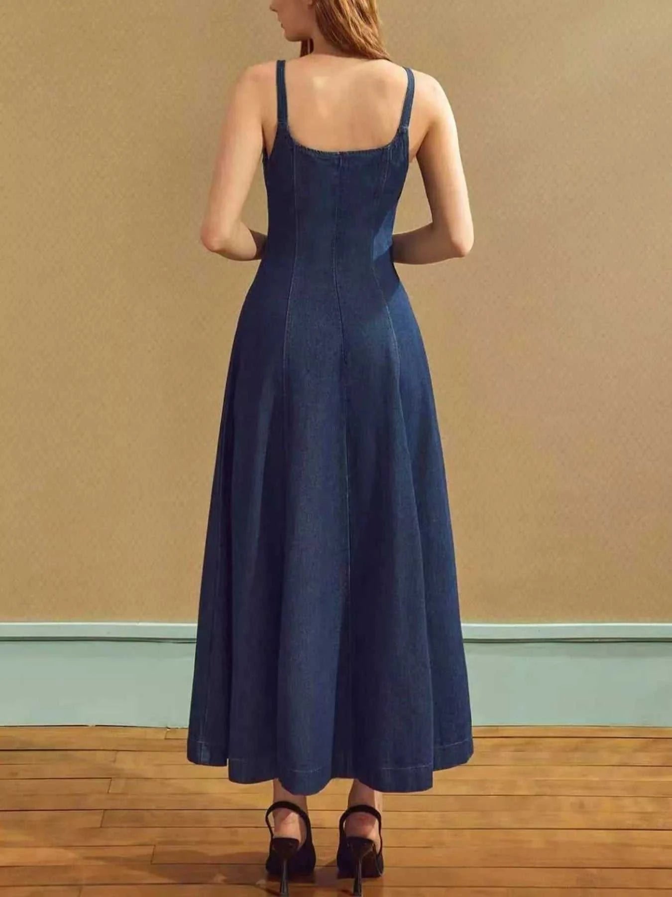 Square Neck A-Line Denim Dress - GlowUp Garments