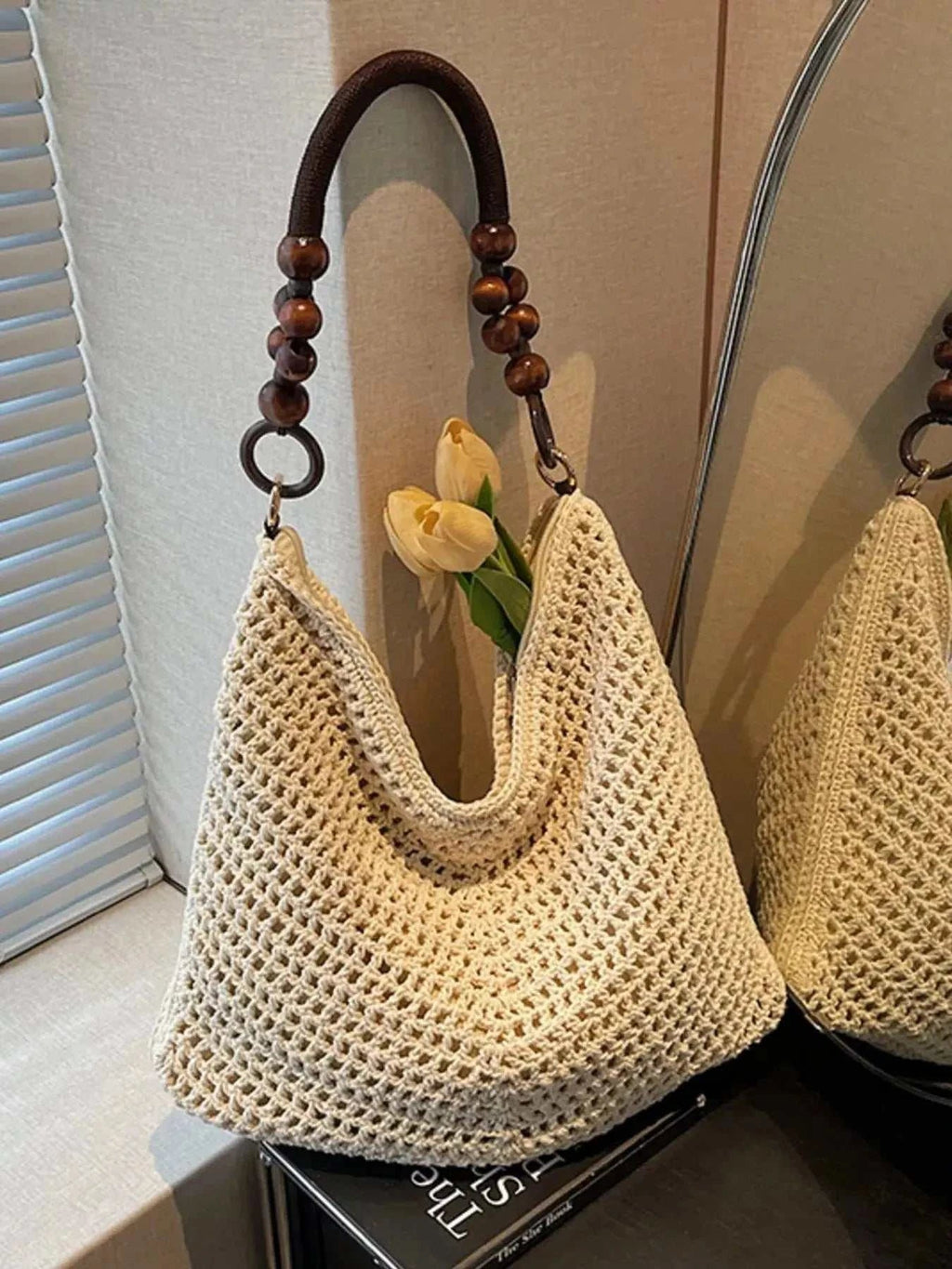 Knitted Shoulder Bag with Wooden Bead Handle - GlowUp Garments