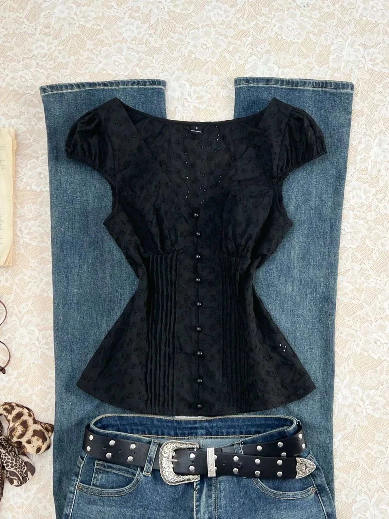 Lace V-Neck Cap Sleeve Blouse - GlowUp Garments