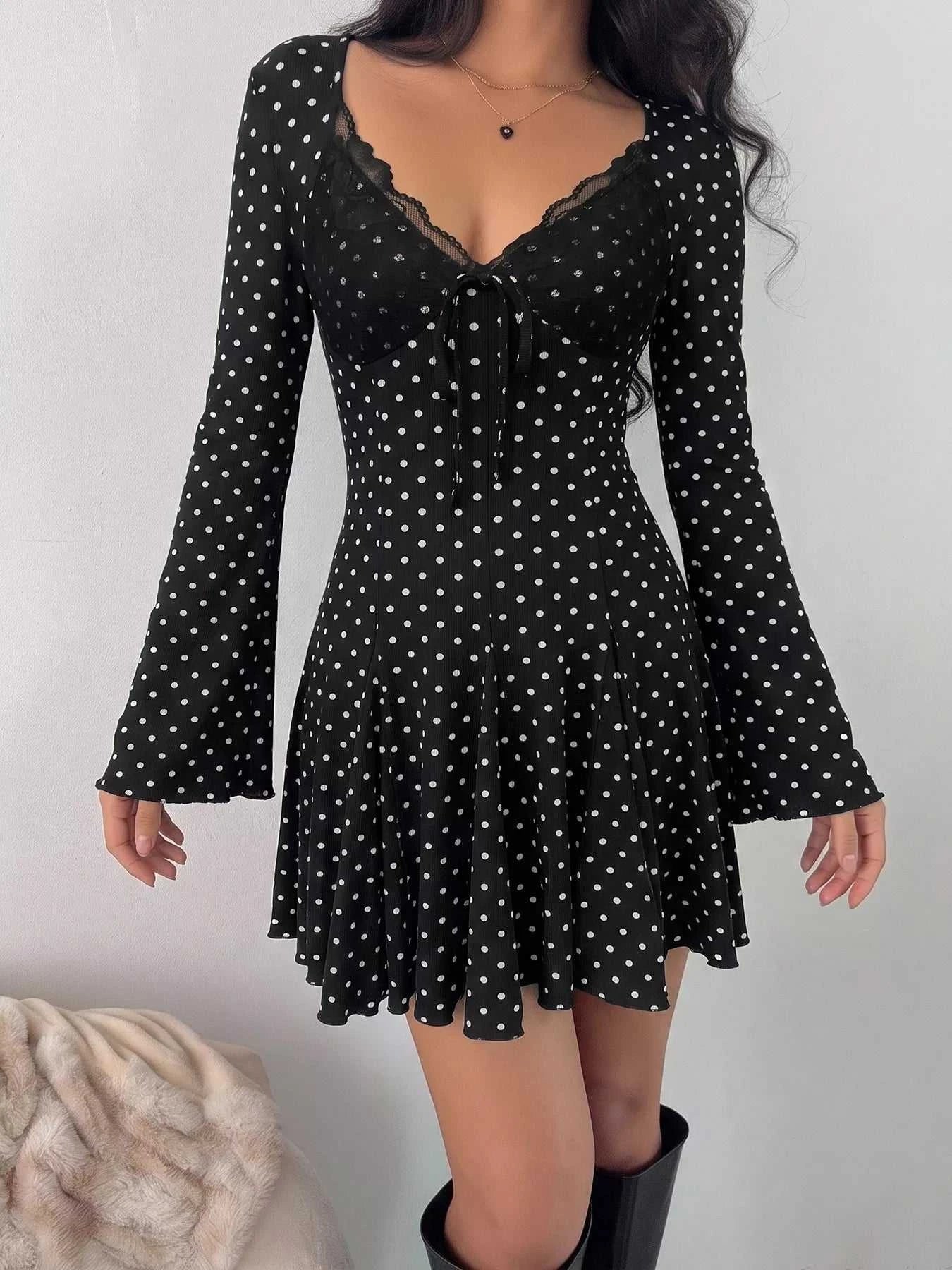 Polka Dot Lace Trimmed V-Neck Mini Dress - GlowUp Garments