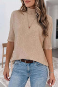Ribbed Trim High Neck Short Sleeve Casual Sweater - GlowUp Garments