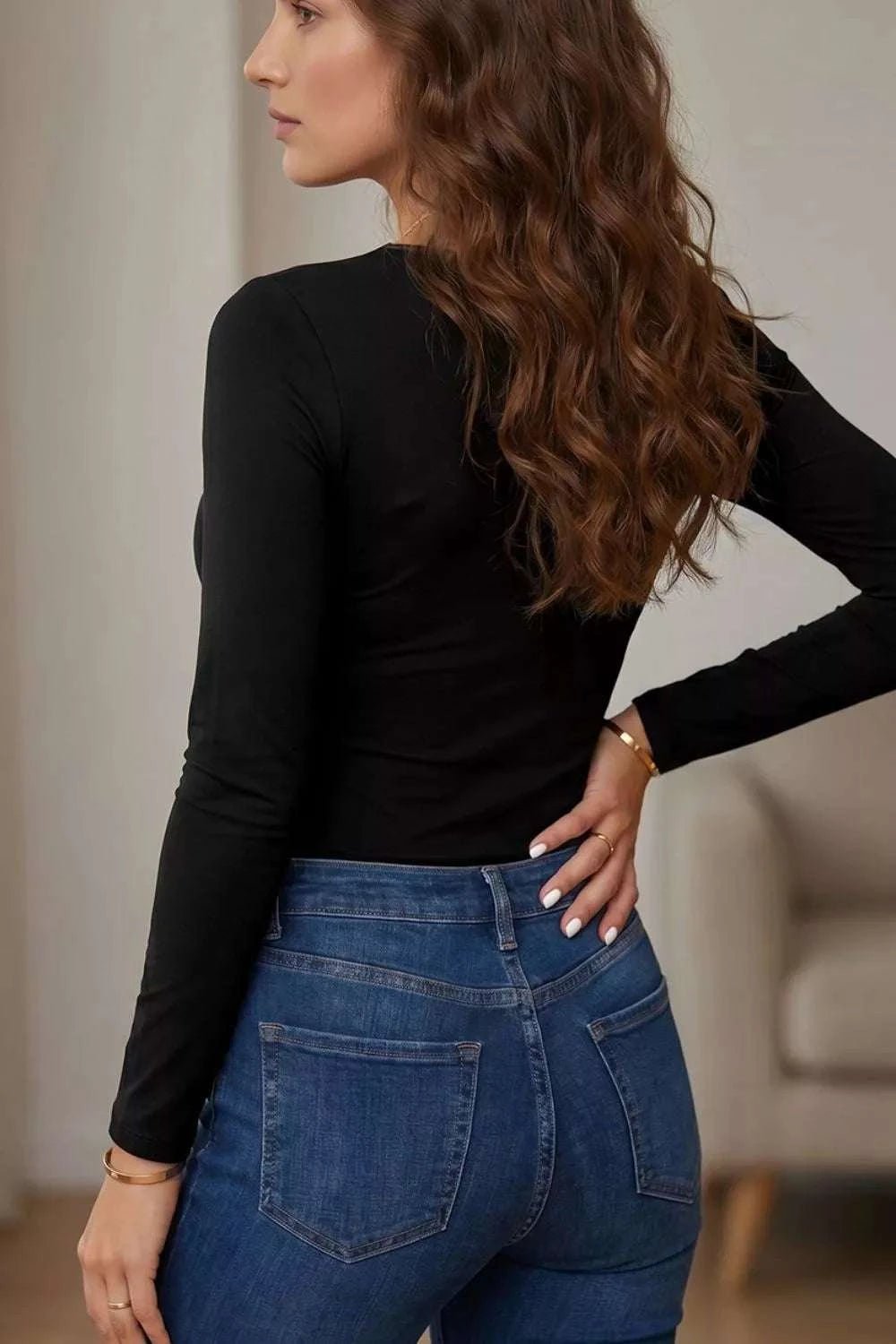 Lace Trim Elegant Neckline Long Sleeve Slim Top - GlowUp Garments
