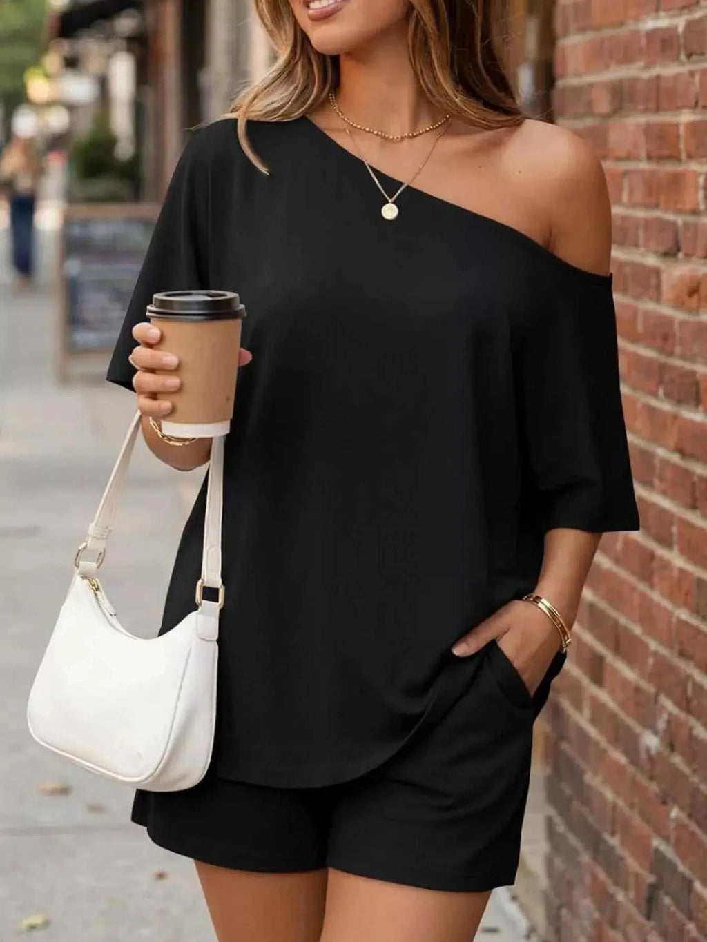 Full Size One Shoulder Top and Shorts Set Plus Size - GlowUp Garments