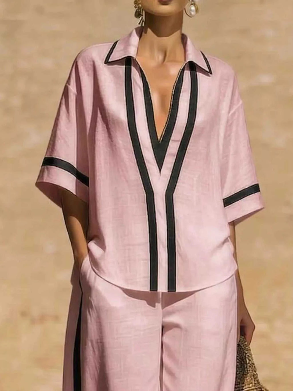 Full Size Contrast Trim Top and Pants Set Plus Size - GlowUp Garments