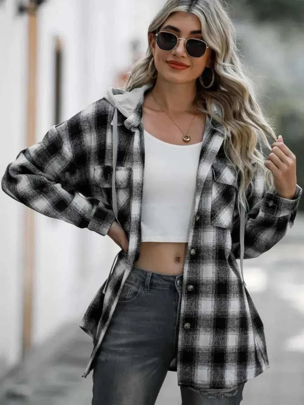 Drawstring Plaid Long Sleeve Hooded Shacket - GlowUp Garments