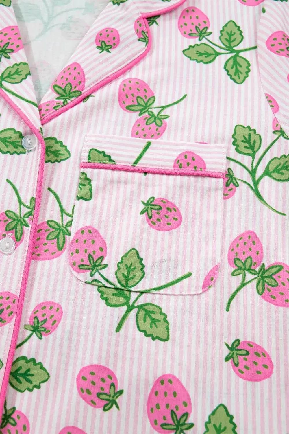 Striped Strawberry Print Lapel Shirt Drawstring Shorts 2pcs Pajama Set - GlowUp Garments
