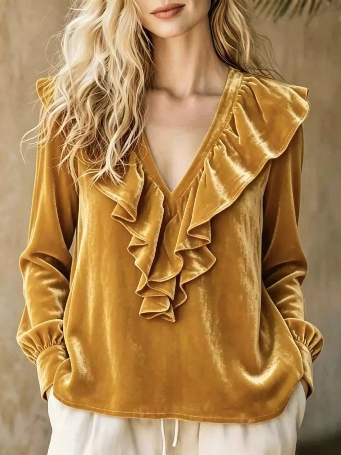 Full Size Ruffled V-Neck Long Sleeve Blouse Plus Size - GlowUp Garments