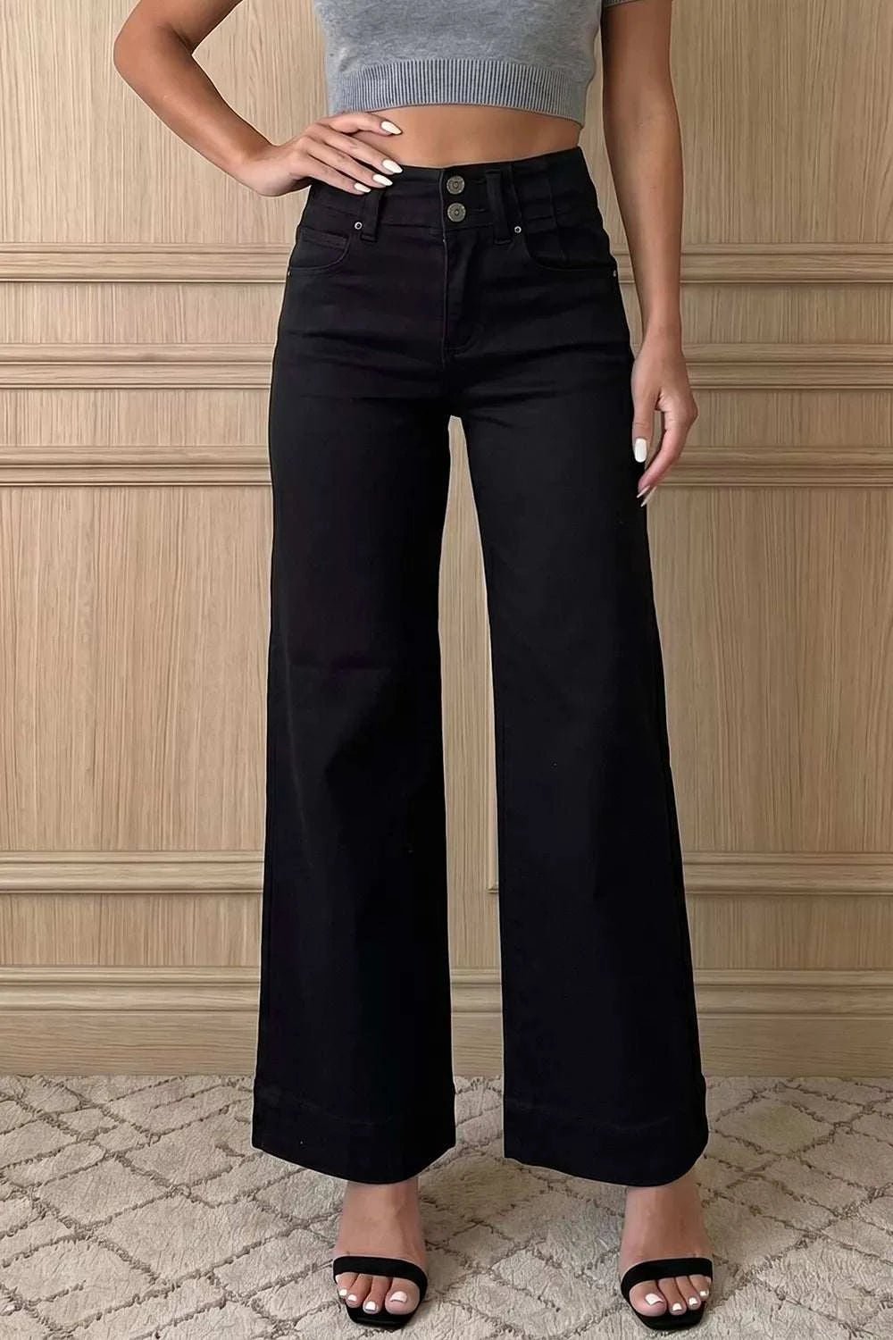 2-Button High Waist Flared Bottom Jeans - GlowUp Garments