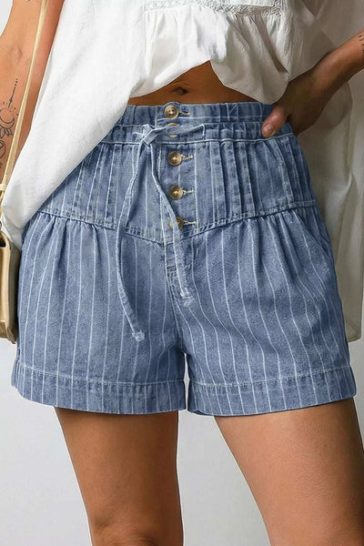 Striped High-Waisted Denim Shorts - GlowUp Garments