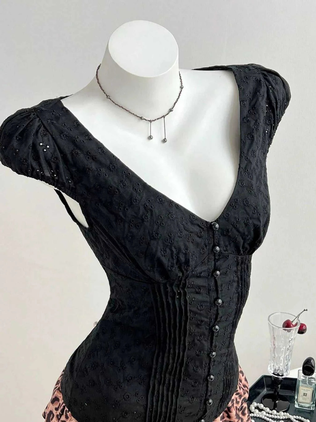 Lace V-Neck Cap Sleeve Blouse - GlowUp Garments