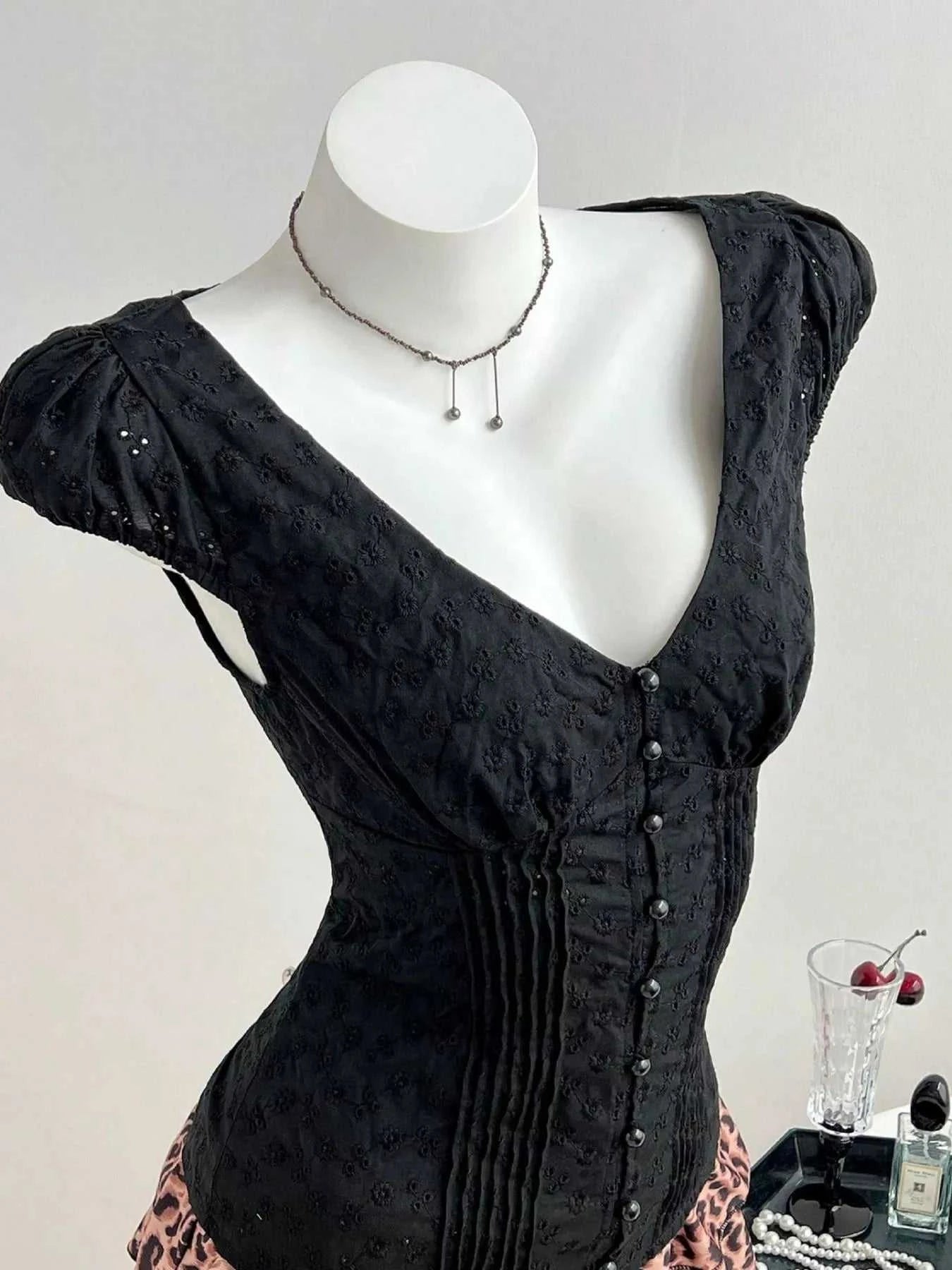 Lace V-Neck Cap Sleeve Blouse - GlowUp Garments