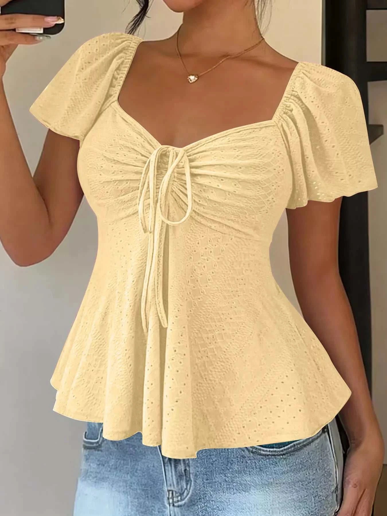 Sweetheart Neck Flutter Sleeve Top - GlowUp Garments