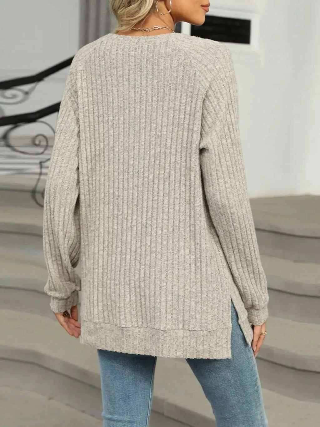 Round Neck Side Slit Ribbed Knit Top with Asymmetric Button Detail - GlowUp Garments