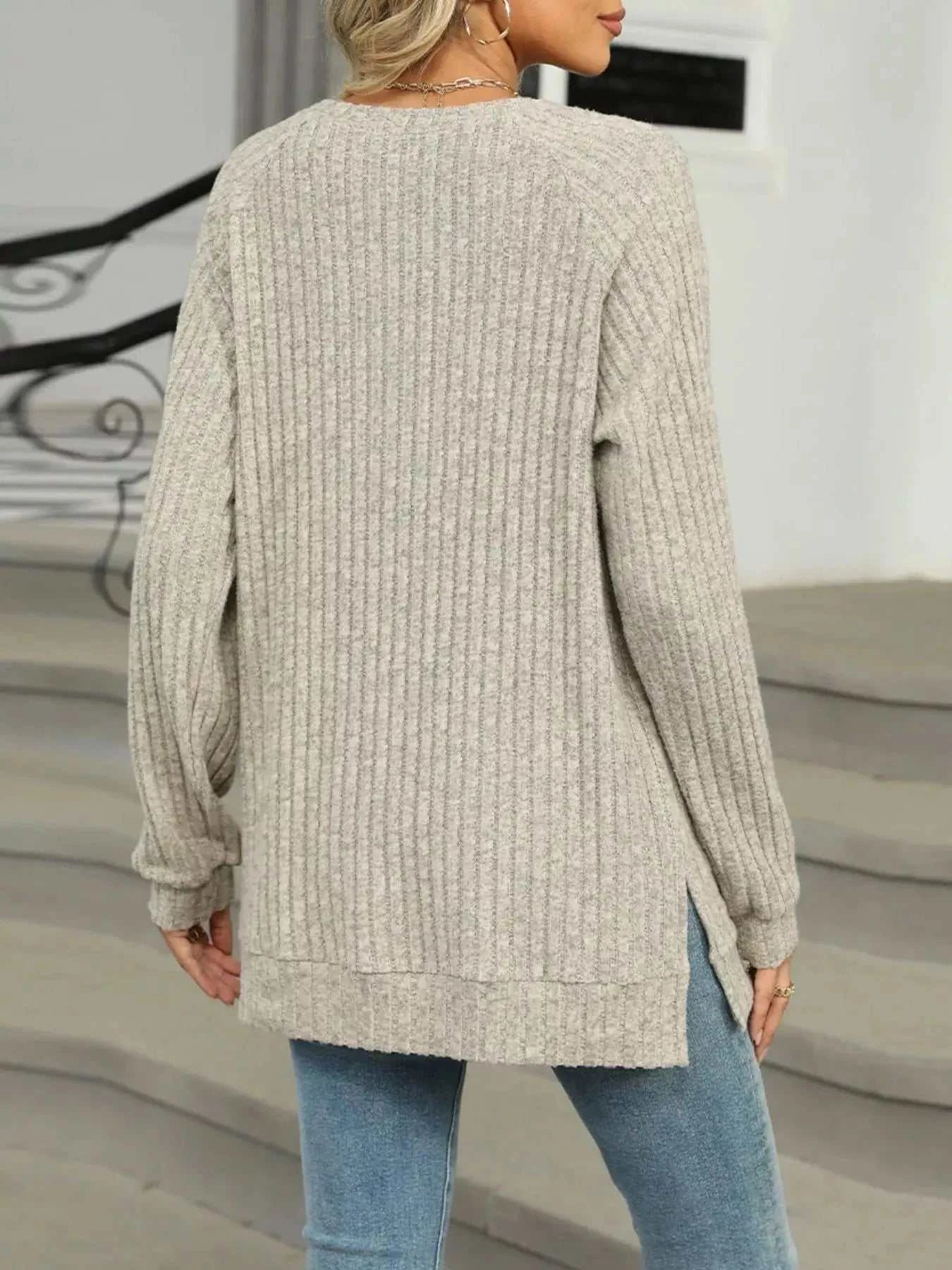 Round Neck Side Slit Ribbed Knit Top with Asymmetric Button Detail - GlowUp Garments