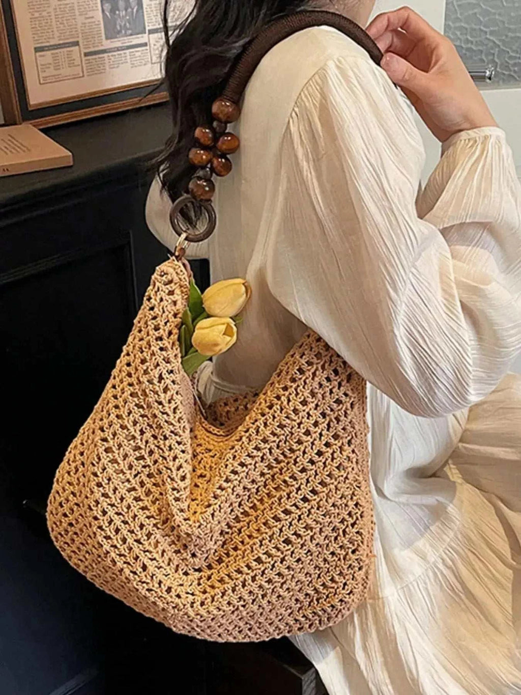 Knitted Shoulder Bag with Wooden Bead Handle - GlowUp Garments