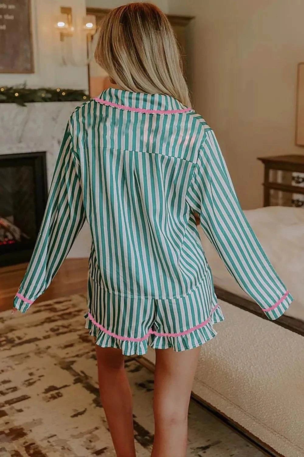 Stripe Contrast Ricrac Trim Long Sleeve Shirt Drawstring Ruffled Pajama Short Set - GlowUp Garments