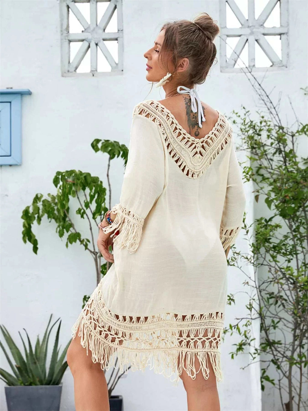 Fringe Crochet V-Neck Cover-Up Dress - GlowUp Garments