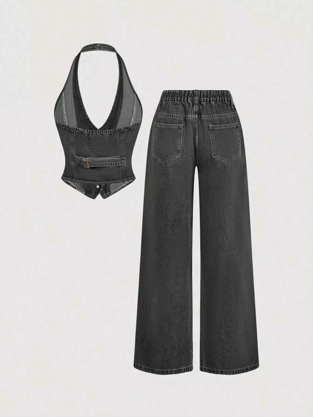 Halter Neck Denim Vest and Wide-Leg Jeans Set - GlowUp Garments