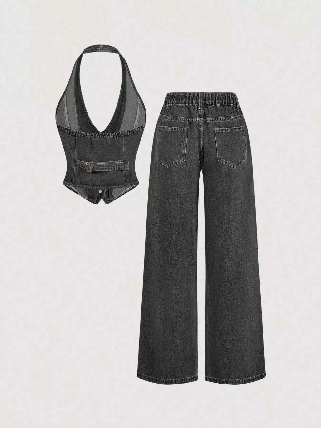 Halter Neck Denim Vest and Wide-Leg Jeans Set - GlowUp Garments