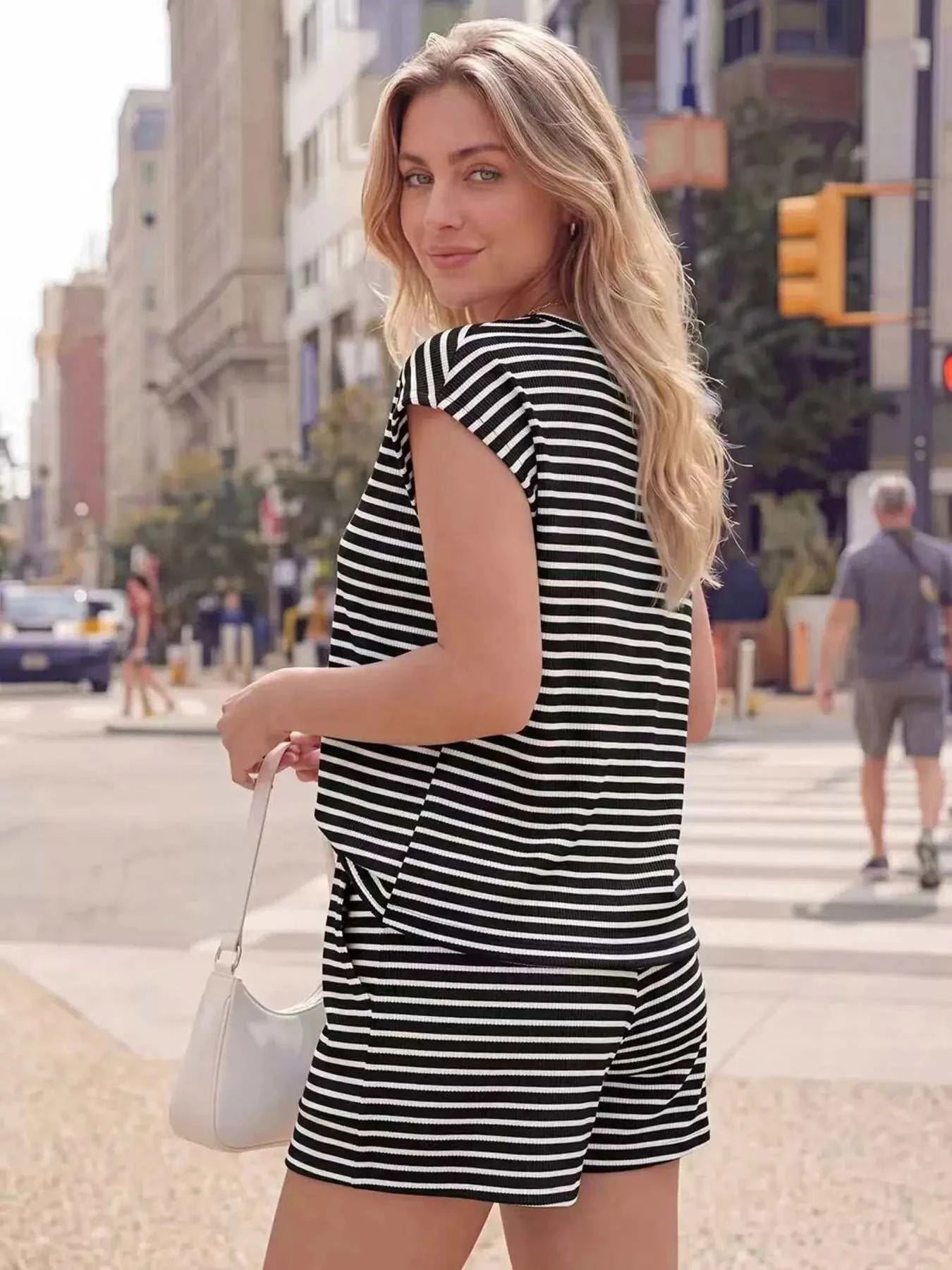 Striped Round Neck Tee and Shorts Set - GlowUp Garments
