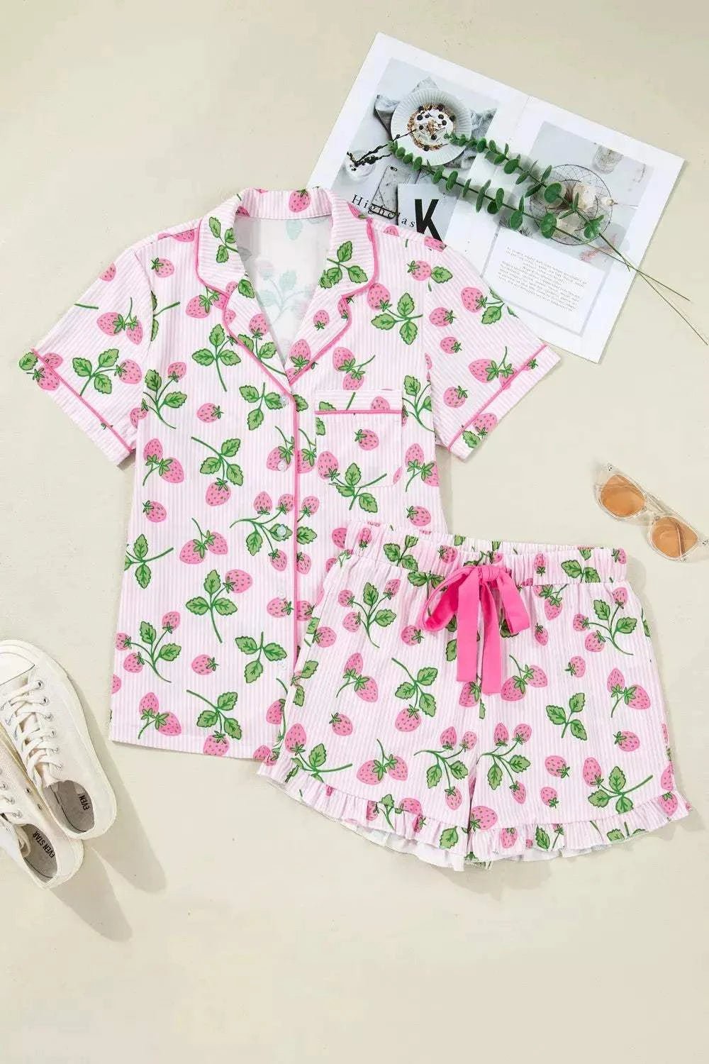 Striped Strawberry Print Lapel Shirt Drawstring Shorts 2pcs Pajama Set - GlowUp Garments
