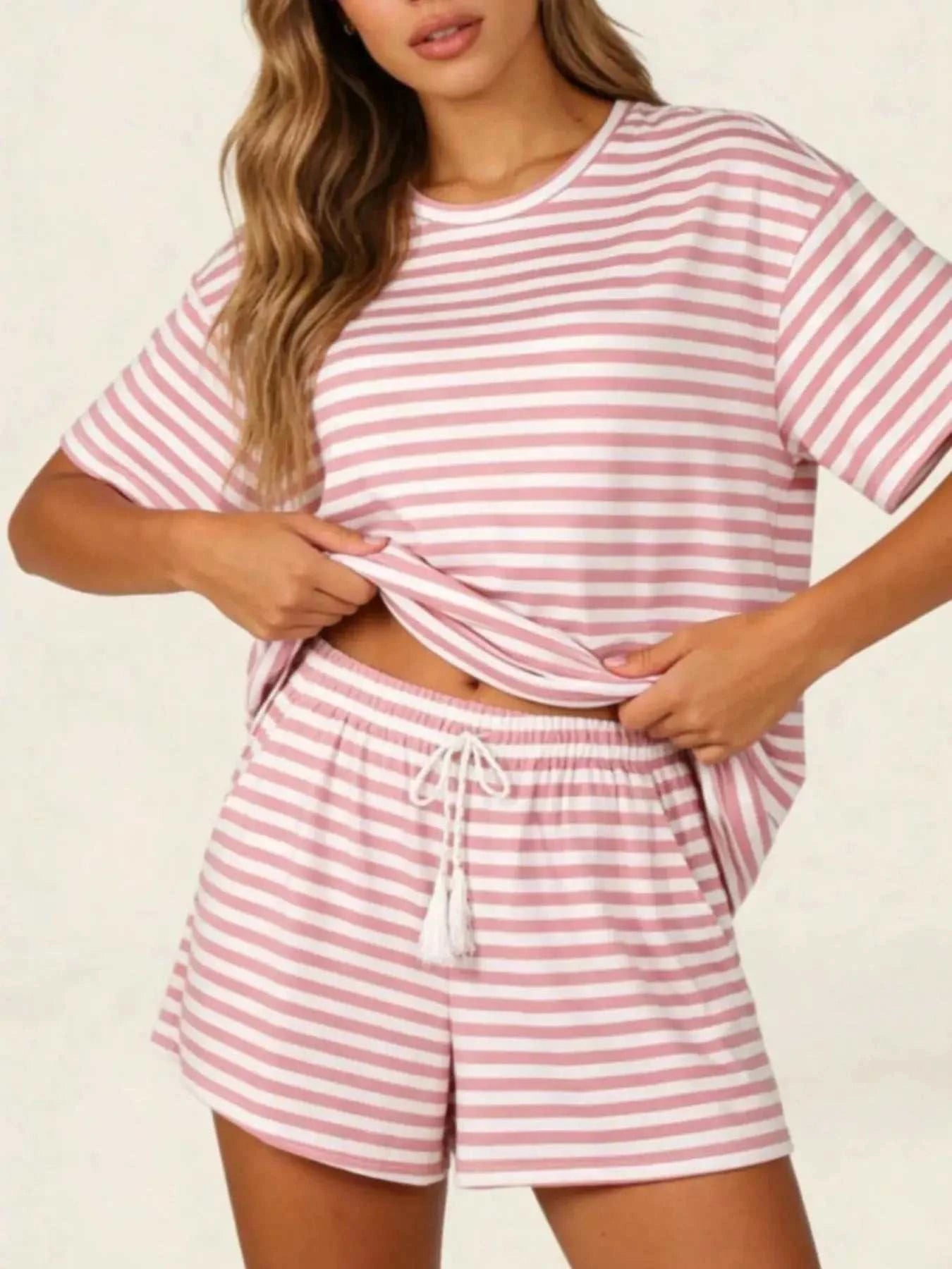 Striped Short Sleeve Tee and Drawstring Shorts Set - GlowUp Garments