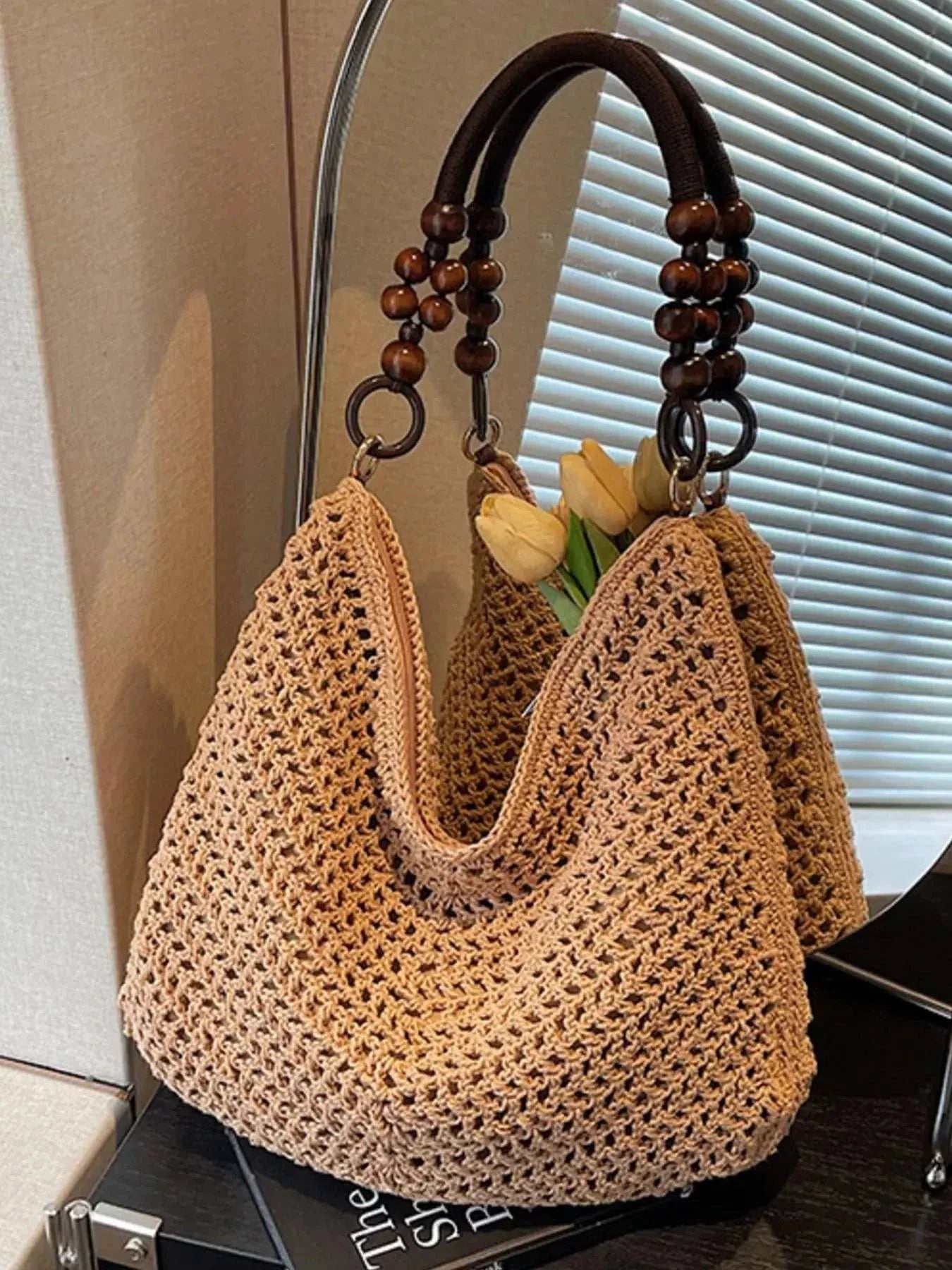 Knitted Shoulder Bag with Wooden Bead Handle - GlowUp Garments