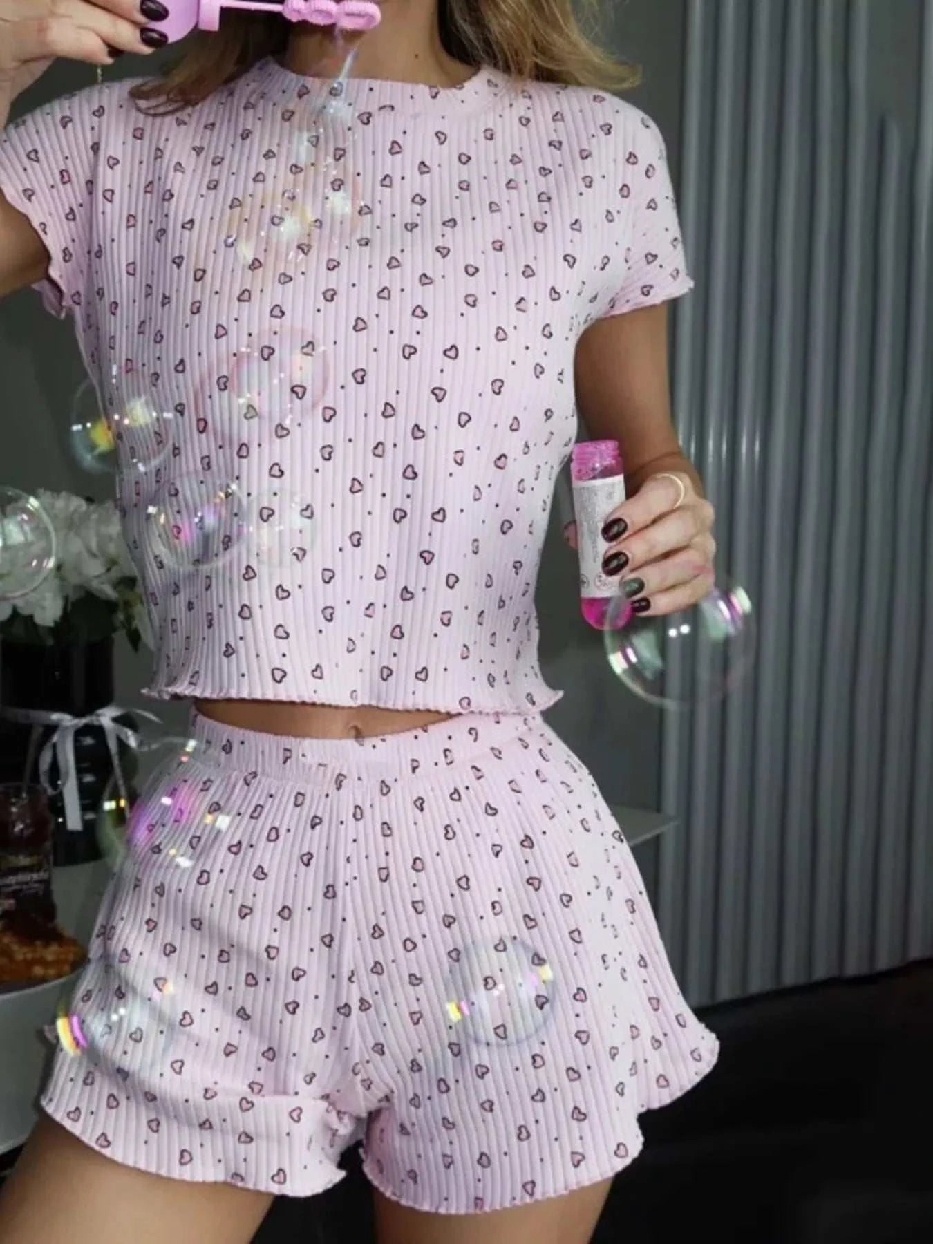 Heart Print Ribbed Knit Top and Shorts Lounge Set - GlowUp Garments