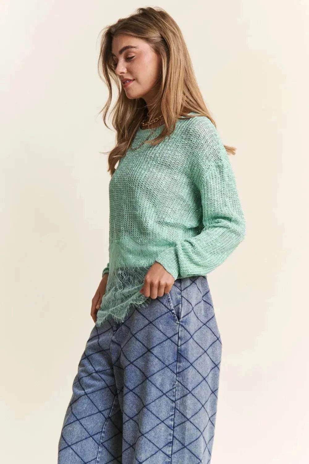 Lace Detail Long Sleeve Knit Top - GlowUp Garments