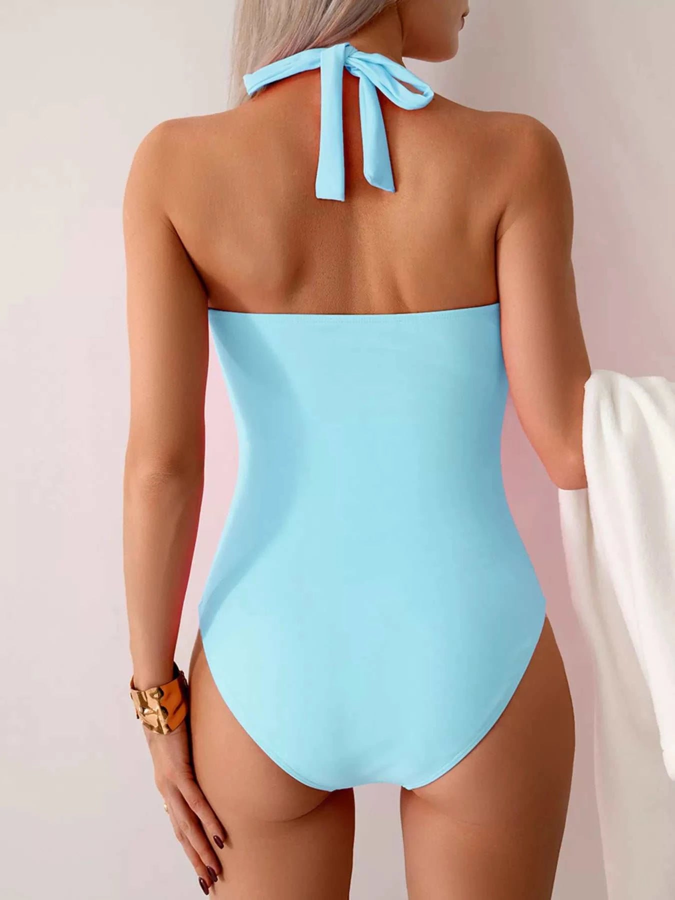 Twisted Front Halter Neck Ruched One-Piece Swimsuit - GlowUp Garments