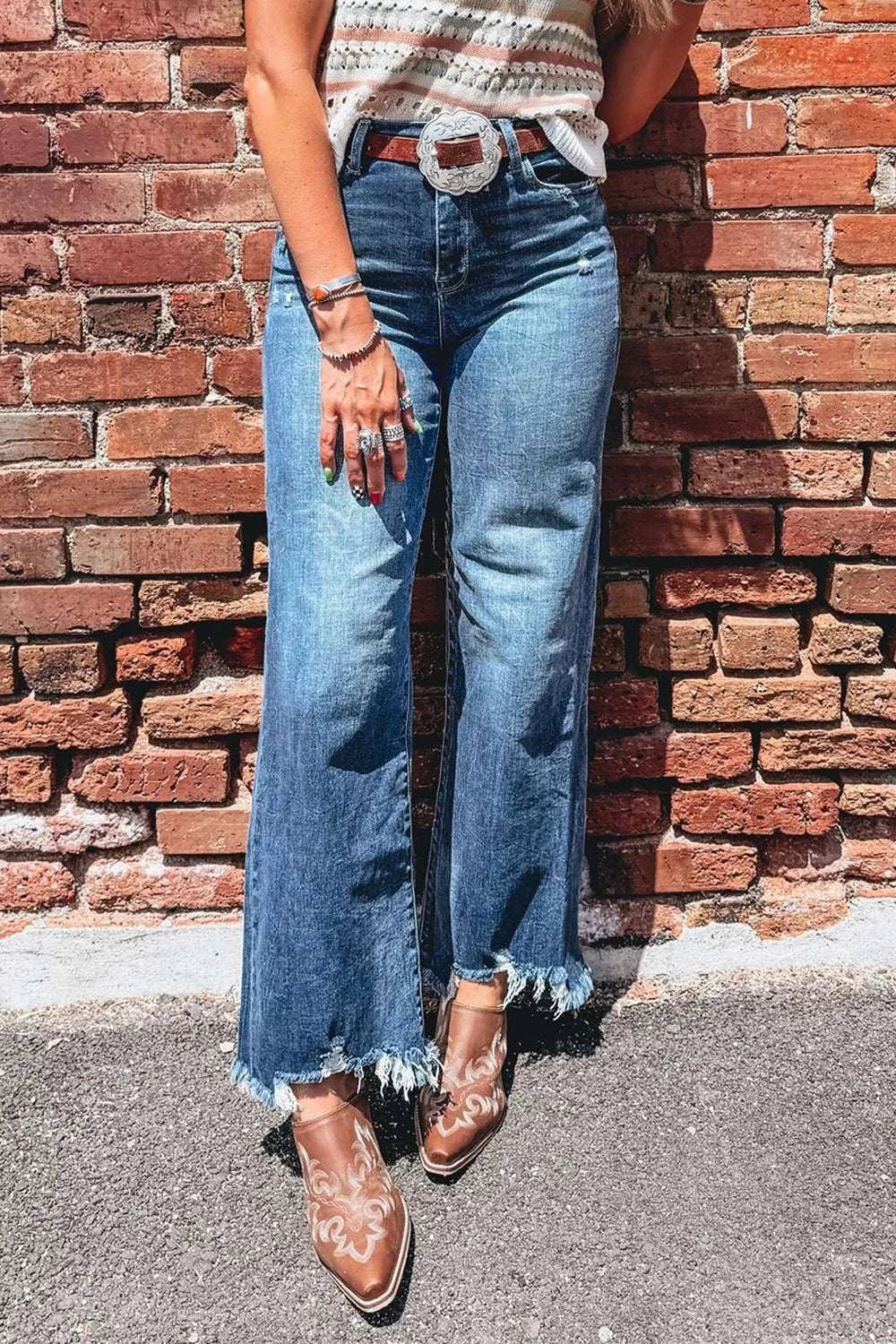 High Waist Frayed Hem Flare Jeans - GlowUp Garments