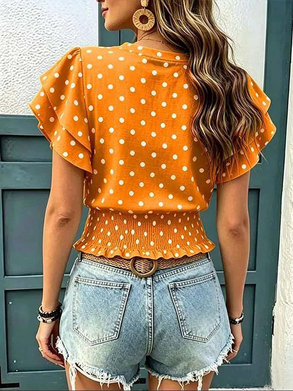 Polka Dot Ruffle Sleeve Blouse - GlowUp Garments