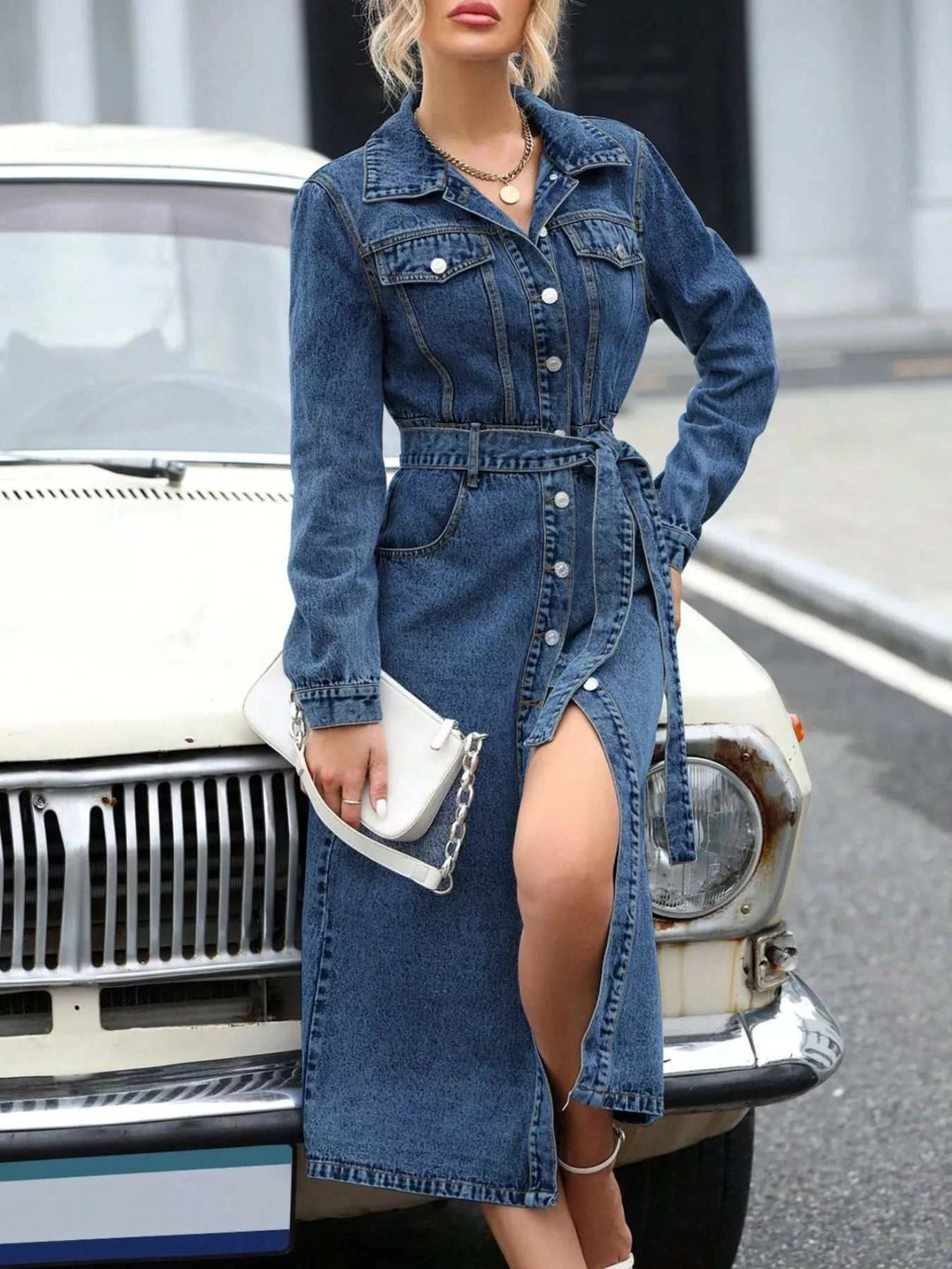 Belted Long Sleeve Denim Dress - GlowUp Garments