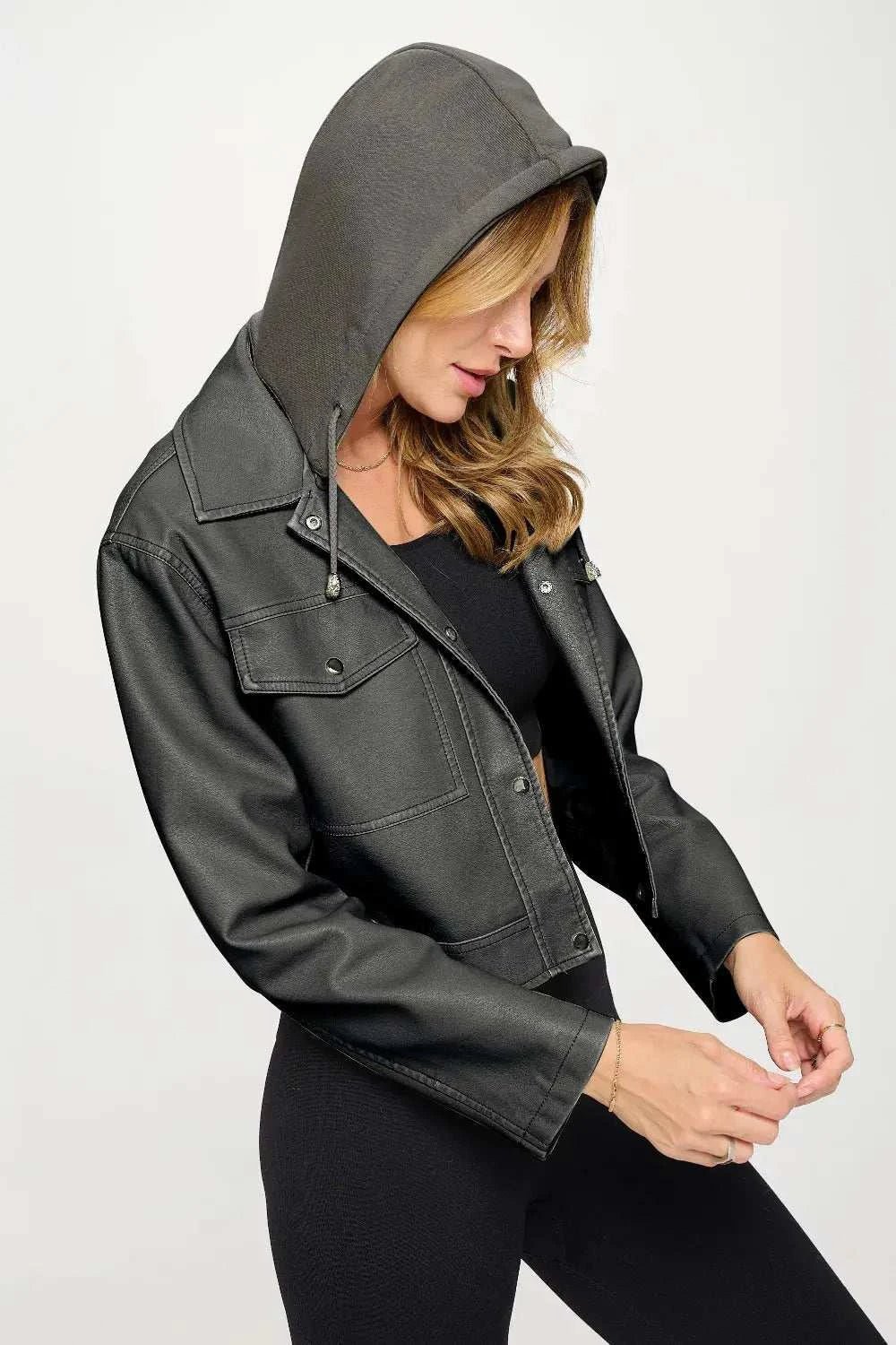 Snap Down Cropped Hooded Jacket - GlowUp Garments