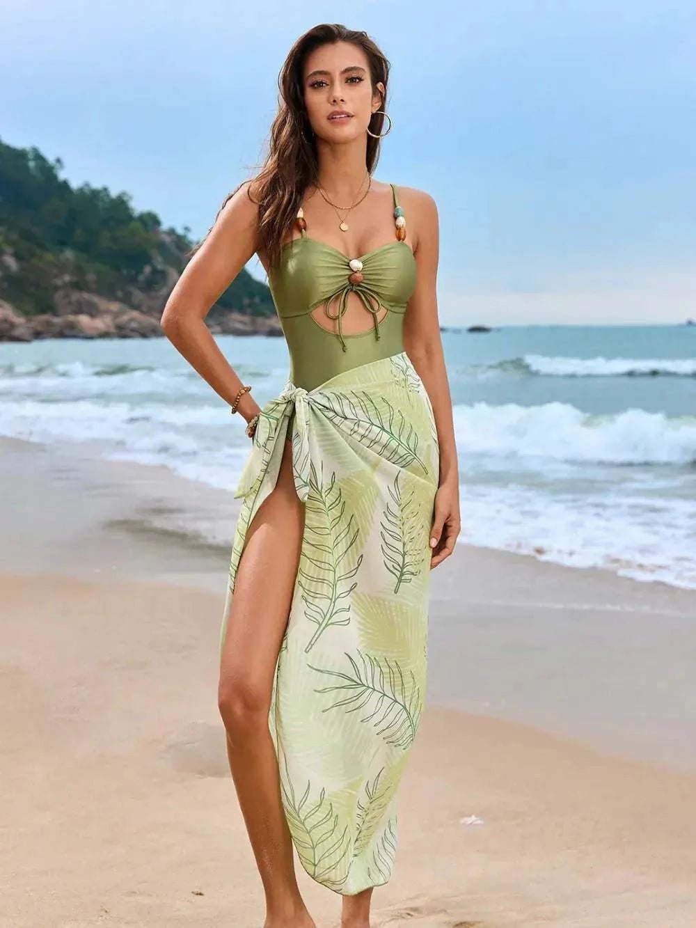 Cutout Sweetheart Neck One-Piece Swimwear and Cover-Up Swim Set - GlowUp Garments