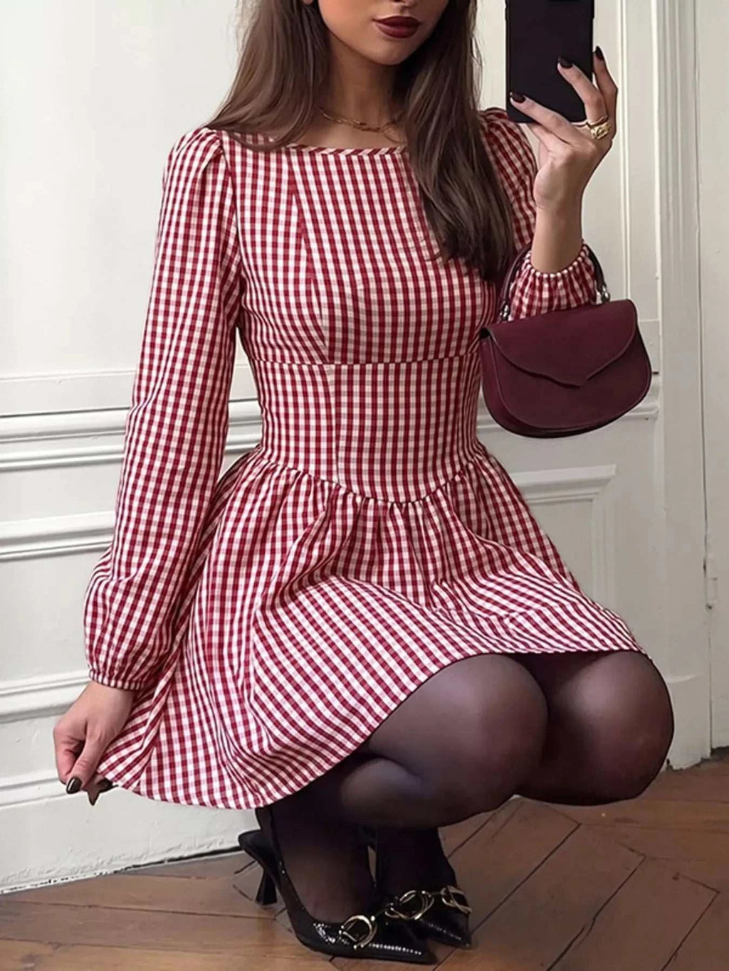 Backless Plaid Long Sleeve Dress - GlowUp Garments