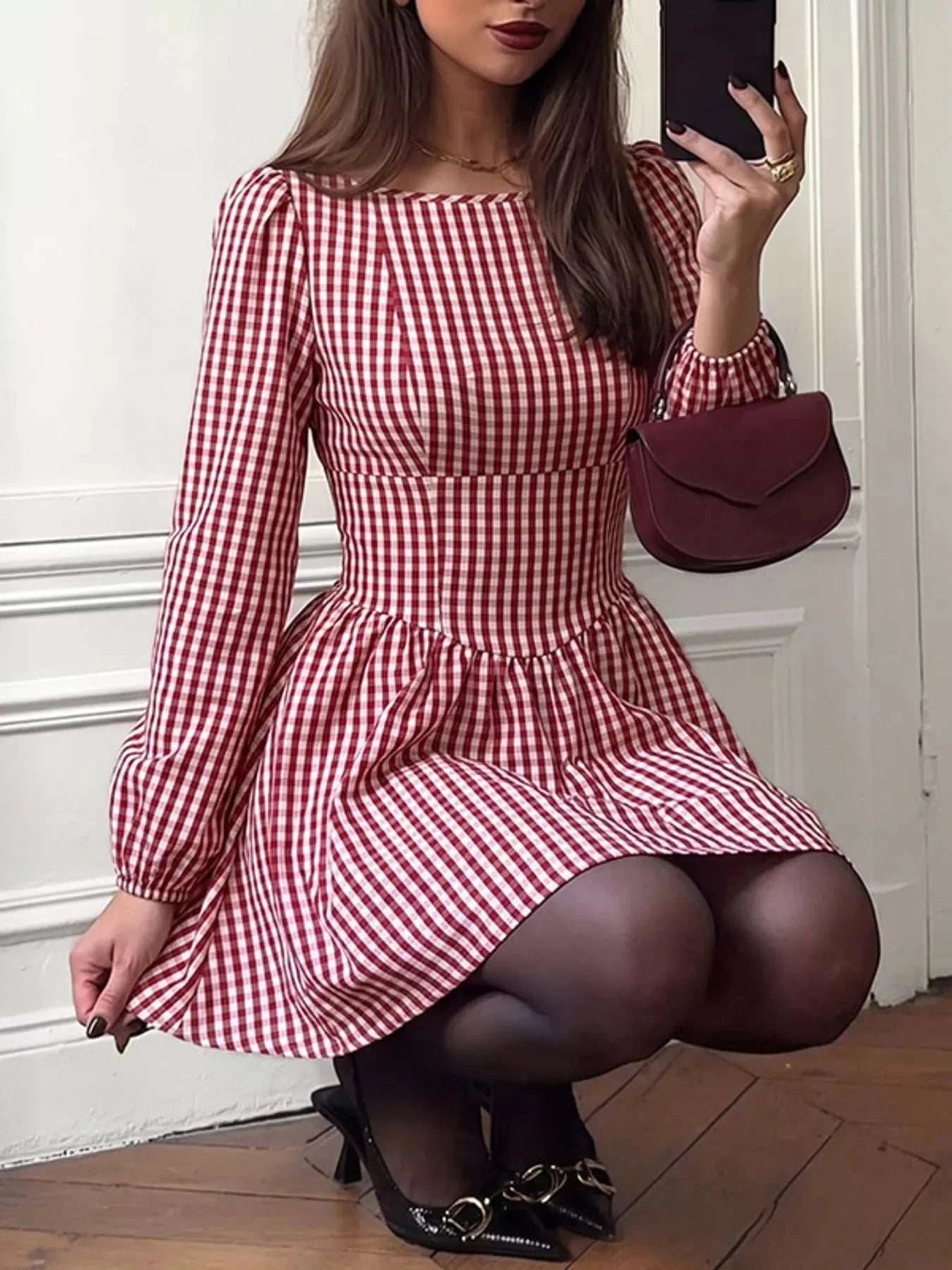 Backless Plaid Long Sleeve Dress - GlowUp Garments