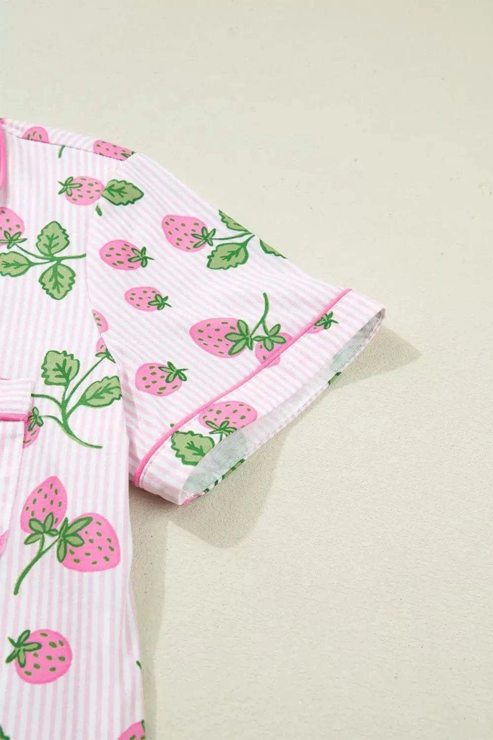 Striped Strawberry Print Lapel Shirt Drawstring Shorts 2pcs Pajama Set - GlowUp Garments