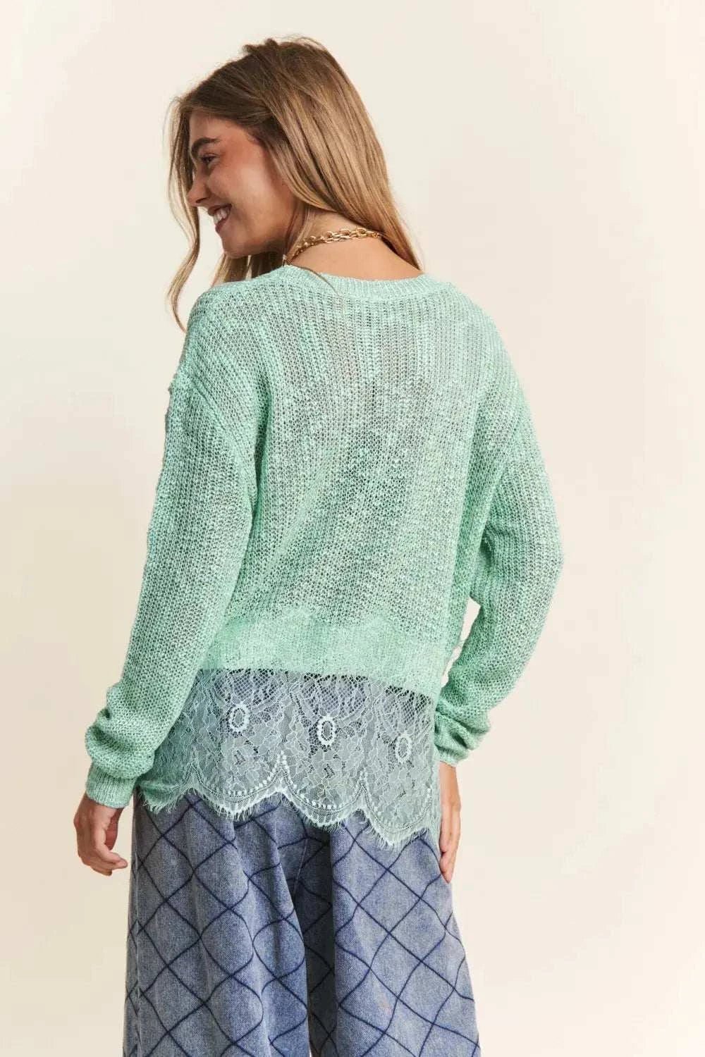 Lace Detail Long Sleeve Knit Top - GlowUp Garments