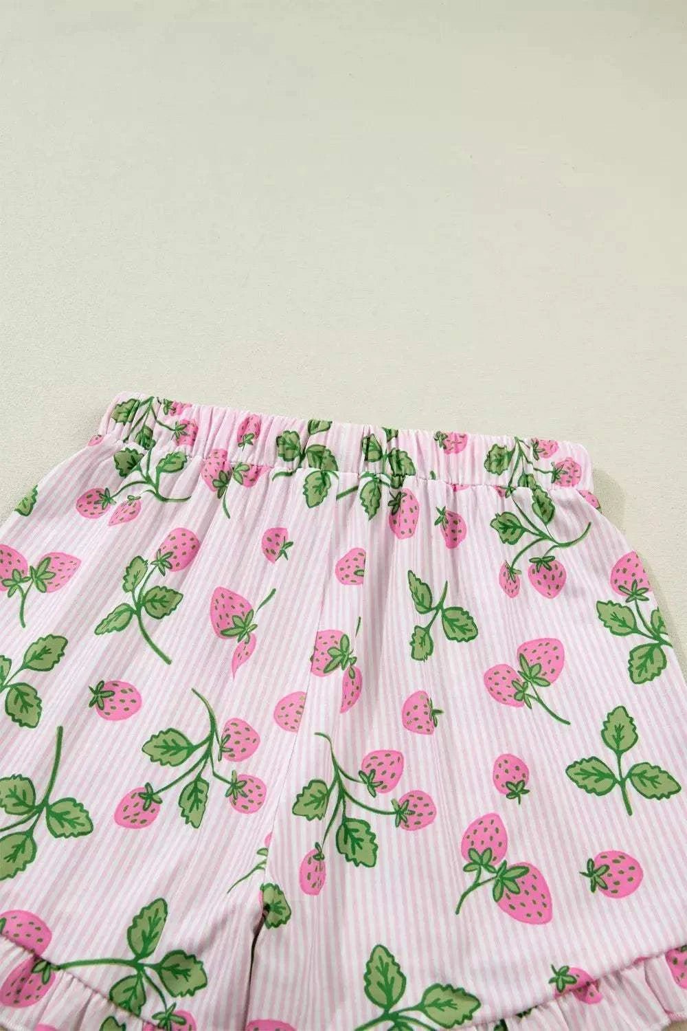 Striped Strawberry Print Lapel Shirt Drawstring Shorts 2pcs Pajama Set - GlowUp Garments